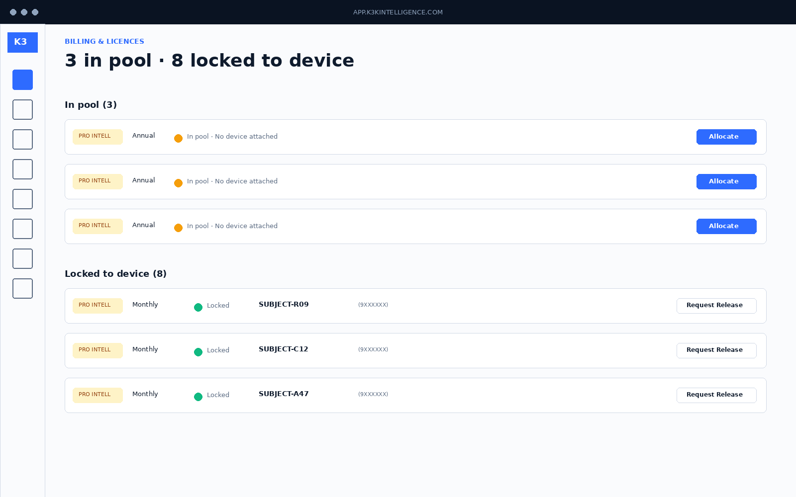 Billing portal showing per-device licences and invoice history