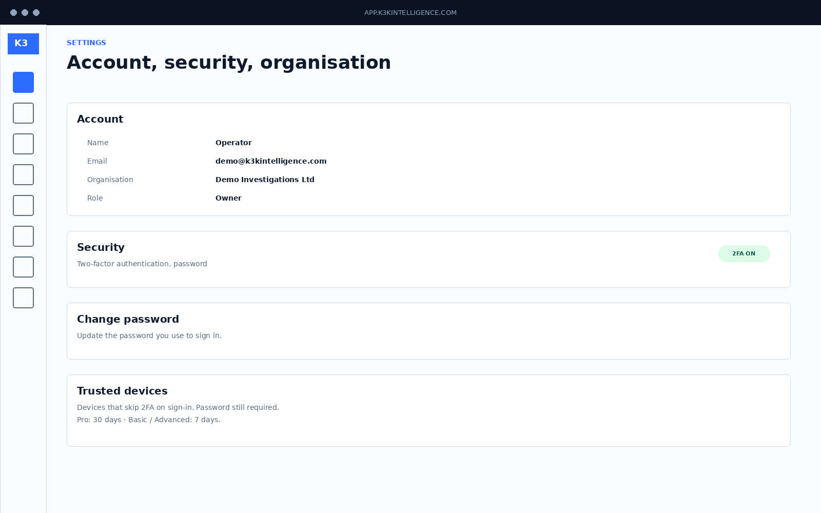 Organisation settings — 2FA, IP allowlist, retention, protective marking